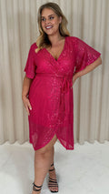 CurveWow Sequin Wrap Dress Raspberry Pink