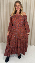 CurveWow Tiered Bardot Maxi Dress Rust Animal