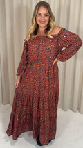 CurveWow Tiered Bardot Maxi Dress Rust Animal