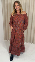 CurveWow Tiered Bardot Maxi Dress Rust Animal