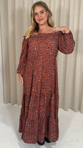 CurveWow Tiered Bardot Maxi Dress Rust Animal