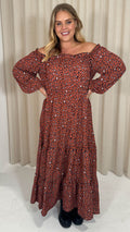 CurveWow Tiered Bardot Maxi Dress Rust Animal