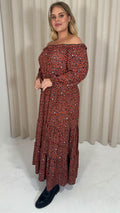 CurveWow Tiered Bardot Maxi Dress Rust Animal