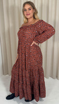 CurveWow Tiered Bardot Maxi Dress Rust Animal