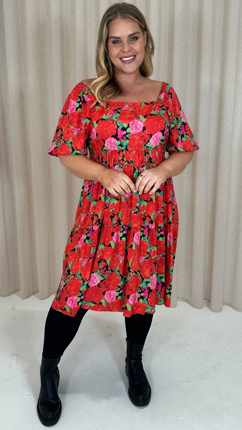 CurveWow Printed Puff Sleeve Dress Floral