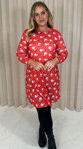 CurveWow Long Sleeve Swing Dress Red Christmas Print