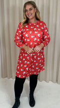 CurveWow Long Sleeve Swing Dress Red Christmas Print