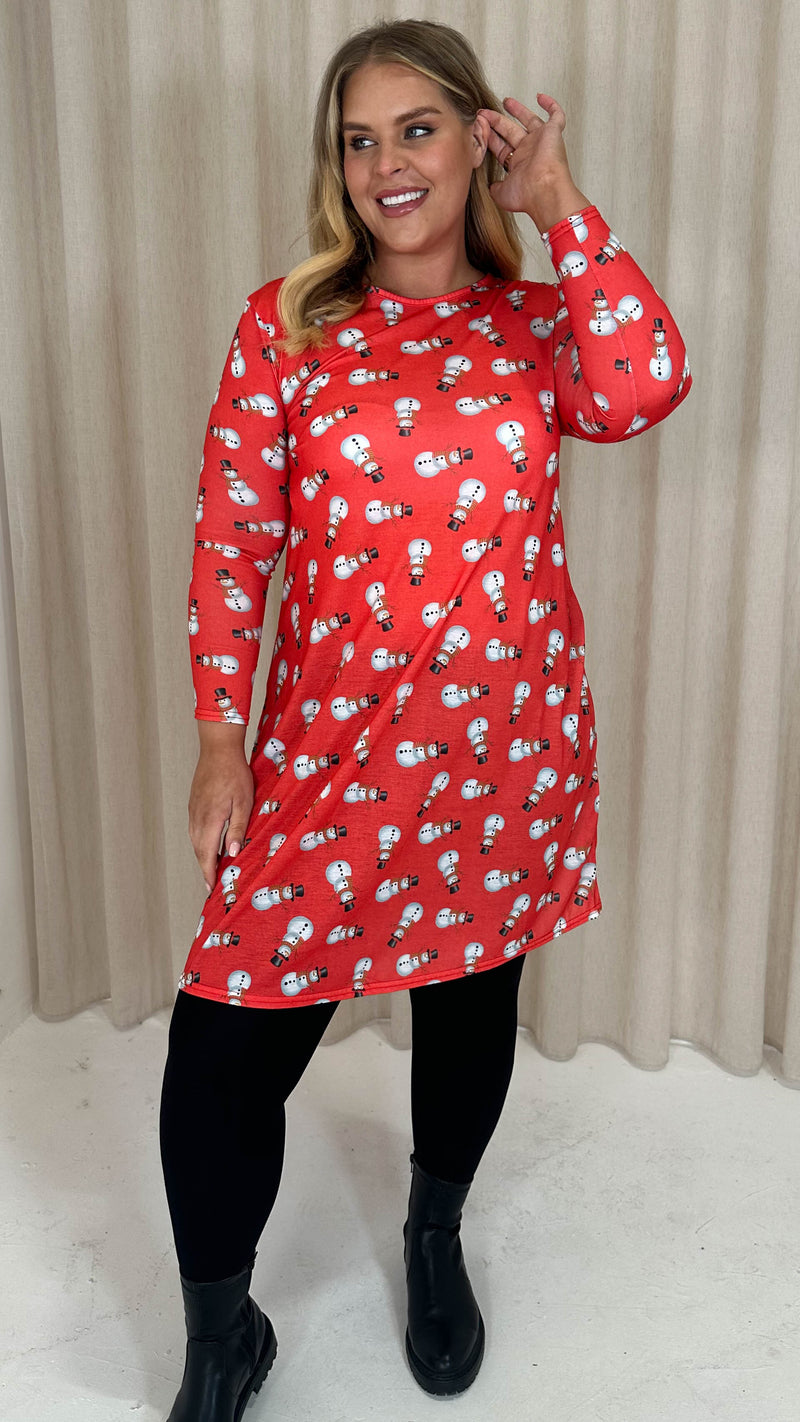 CurveWow Long Sleeve Swing Dress Red Christmas Print