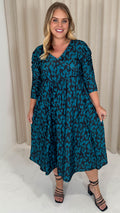 CurveWow 3/4 Balloon Sleeve Wrap Midi Dress Teal Abstract