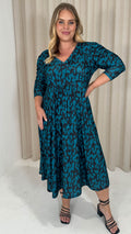 CurveWow 3/4 Balloon Sleeve Wrap Midi Dress Teal Abstract