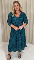 CurveWow 3/4 Balloon Sleeve Wrap Midi Dress Teal Abstract