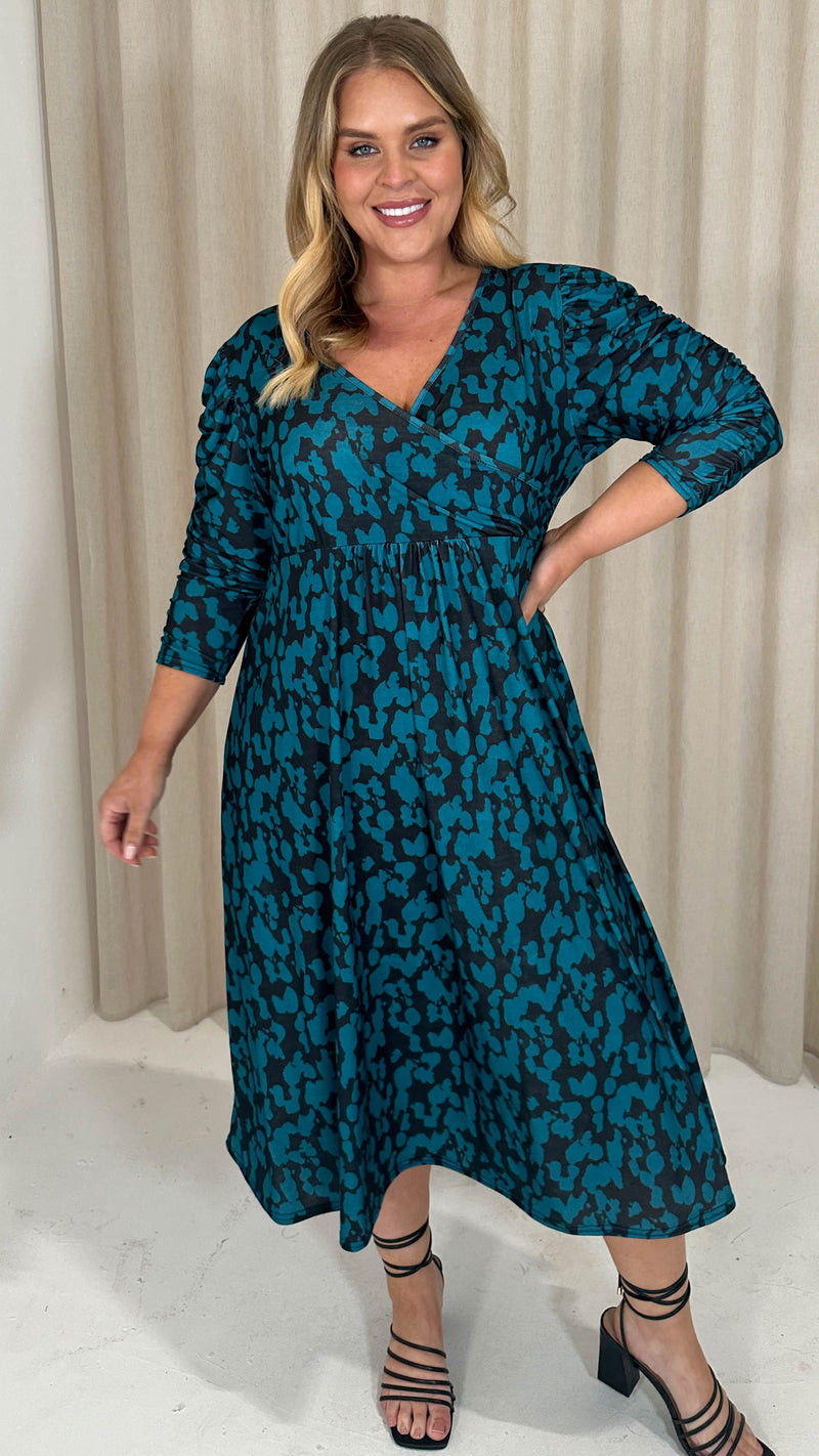 CurveWow 3/4 Balloon Sleeve Wrap Midi Dress Teal Abstract