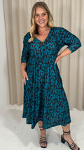 CurveWow 3/4 Balloon Sleeve Wrap Midi Dress Teal Abstract