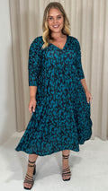 CurveWow 3/4 Balloon Sleeve Wrap Midi Dress Teal Abstract