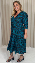 CurveWow 3/4 Balloon Sleeve Wrap Midi Dress Teal Abstract