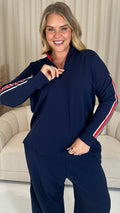 CurveWow Half Zip Tape Shoulder Top Navy