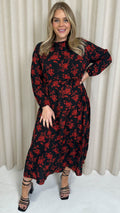 CurveWow Round Neck Tiered Midaxi Dress Red Floral