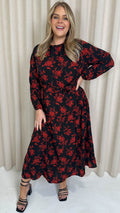 CurveWow Round Neck Tiered Midaxi Dress Red Floral