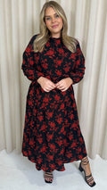 CurveWow Round Neck Tiered Midaxi Dress Red Floral