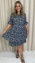 CurveWow Double Layer Tea Dress Blue Black Floral