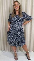 CurveWow Double Layer Tea Dress Blue Black Floral