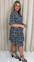 CurveWow Double Layer Tea Dress Blue Black Floral