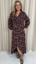 CurveWow Collared Wrap Printed Maxi Dress Black & Red Floral