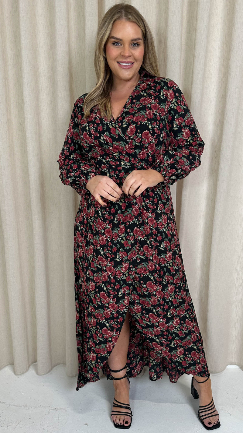 CurveWow Collared Wrap Printed Maxi Dress Black & Red Floral