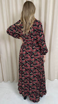 CurveWow Collared Wrap Printed Maxi Dress Black & Red Floral