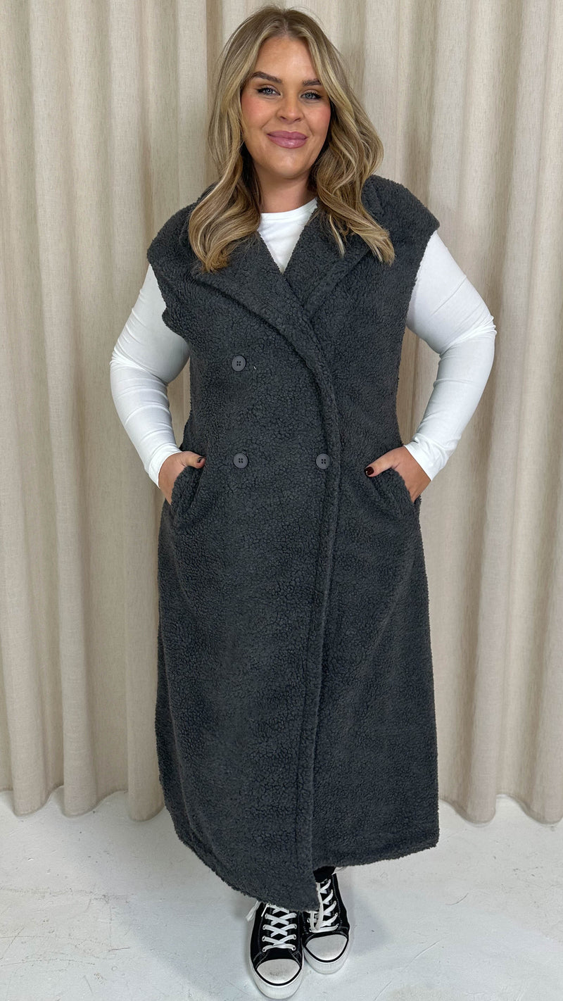 CurveWow Button Front Teddy Gilet Grey