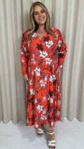 CurveWow Long Sleeve Wrap Dress Red Floral