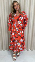 CurveWow Long Sleeve Wrap Dress Red Floral