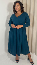 CurveWow Long Sleeve Wrap Midi Dress Teal