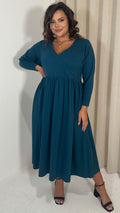 CurveWow Long Sleeve Wrap Midi Dress Teal