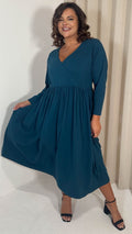 CurveWow Long Sleeve Wrap Midi Dress Teal