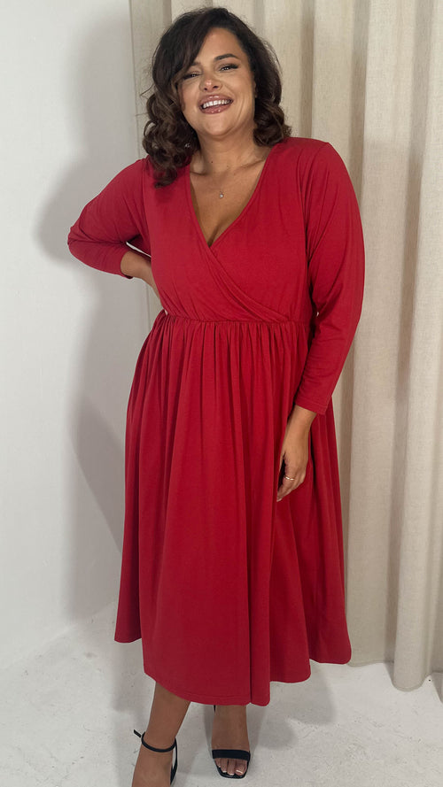 CurveWow Long Sleeve Wrap Midi Dress Red