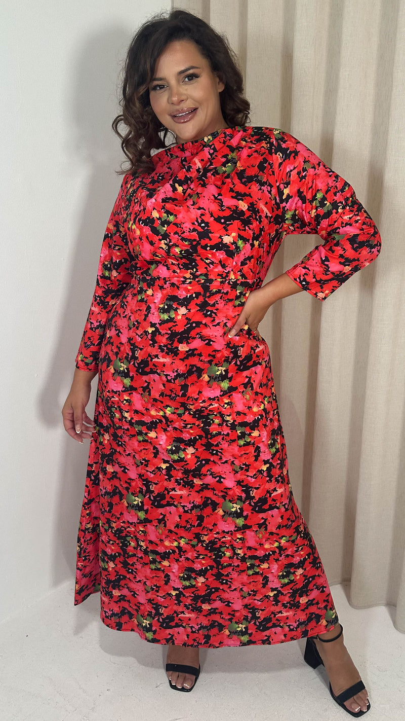 CurveWow Slash Neck Maxi Dress Red Floral