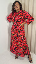 CurveWow Slash Neck Maxi Dress Red Floral