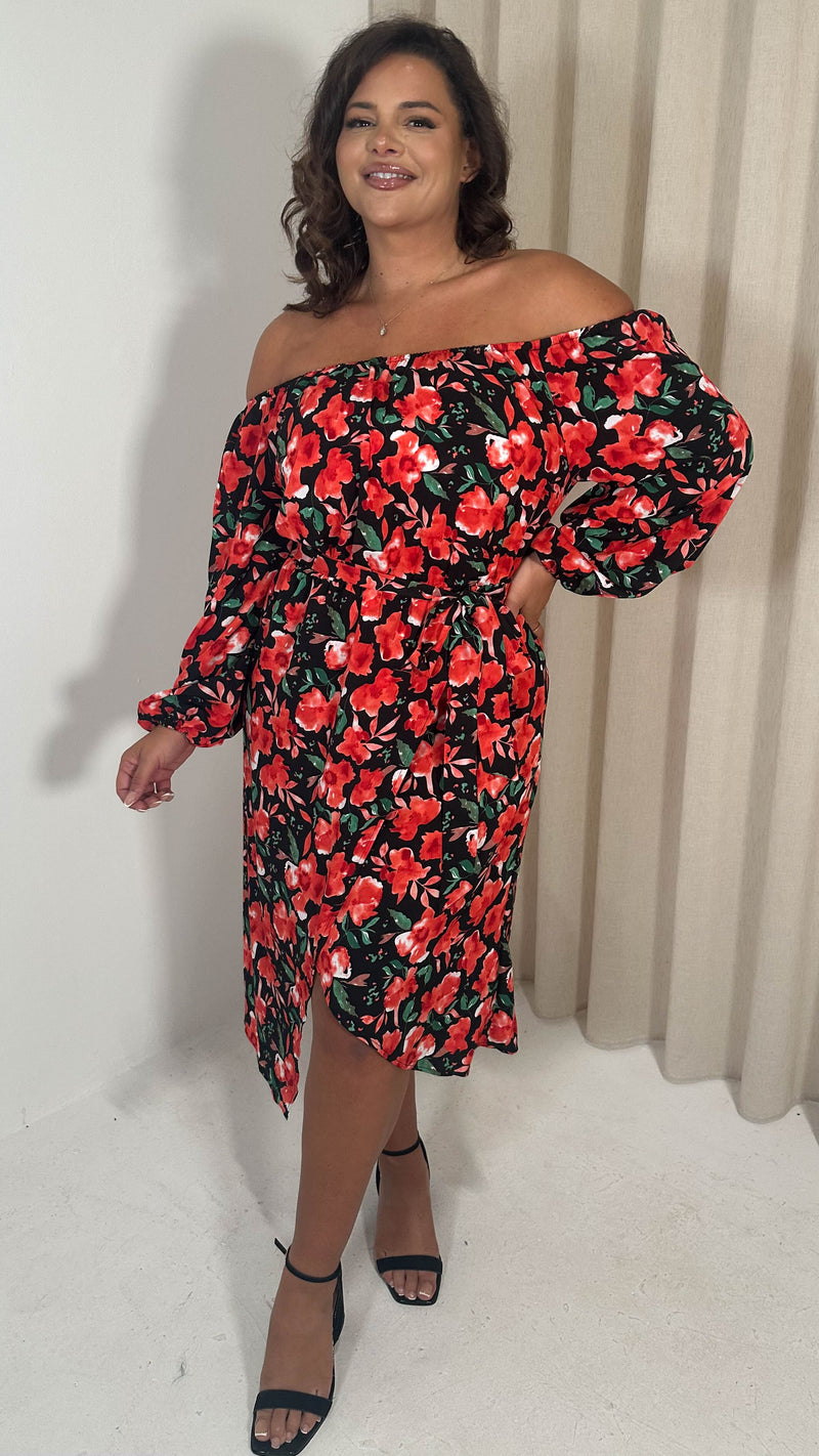 CurveWow Printed Bardot Midi Dress Red Floral