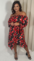 CurveWow Printed Bardot Midi Dress Red Floral