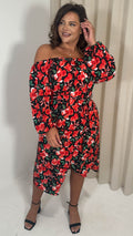 CurveWow Printed Bardot Midi Dress Red Floral