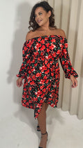 CurveWow Printed Bardot Midi Dress Red Floral