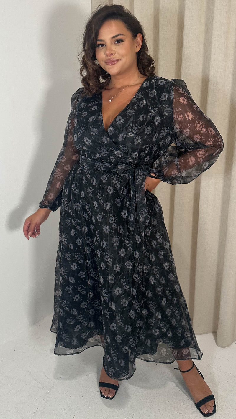 CurveWow Full Organza Printed Wrap Dress Black Floral