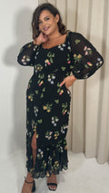 CurveWow Floral Milkmaid Dress Black Multi