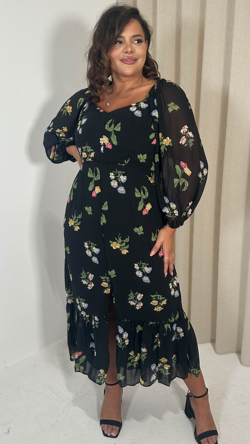 CurveWow Floral Milkmaid Dress Black Multi