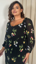 CurveWow Floral Milkmaid Dress Black Multi