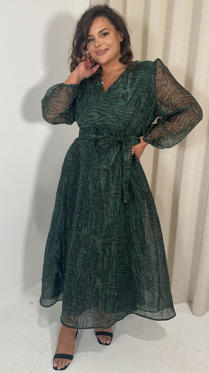 CurveWow Full Organza Printed Wrap Dress Green Zebra