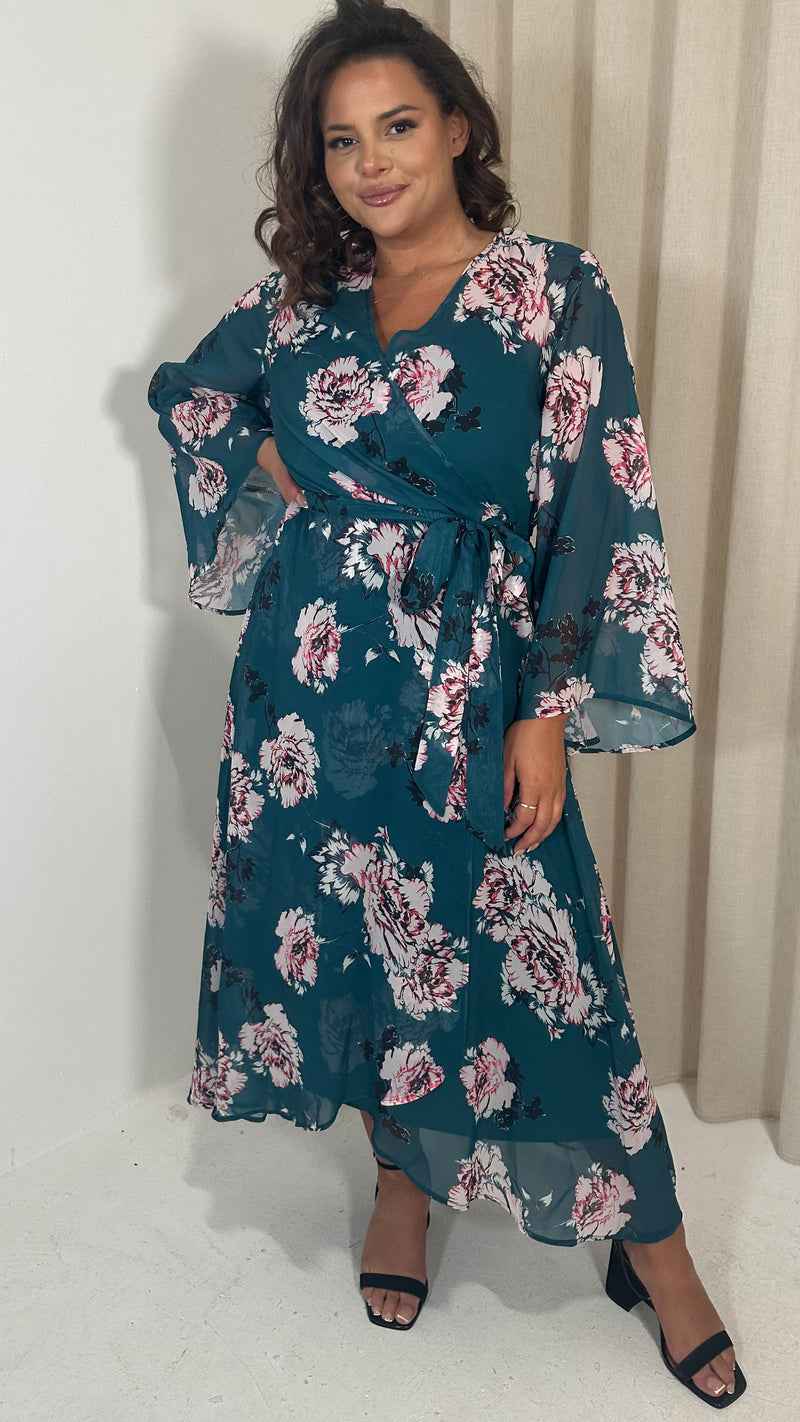 CurveWow Kimono Wrap Floral Maxi Dress Blue Floral