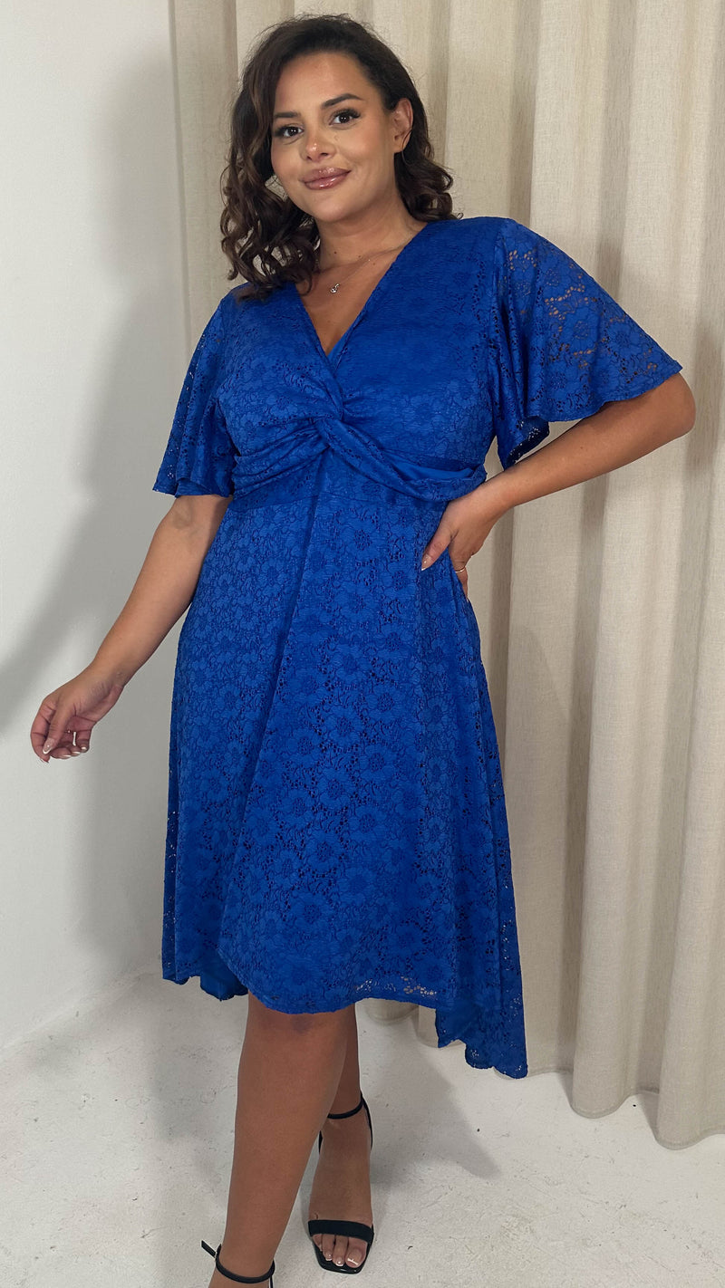 CurveWow Lace Dipped Hem Knot Front Dress Blue