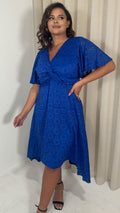 CurveWow Lace Dipped Hem Knot Front Dress Blue